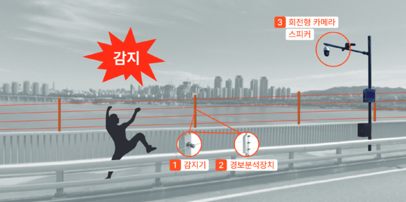 교량 난간 검지선, 감지기, 경보분석장치와 CCTV 구성